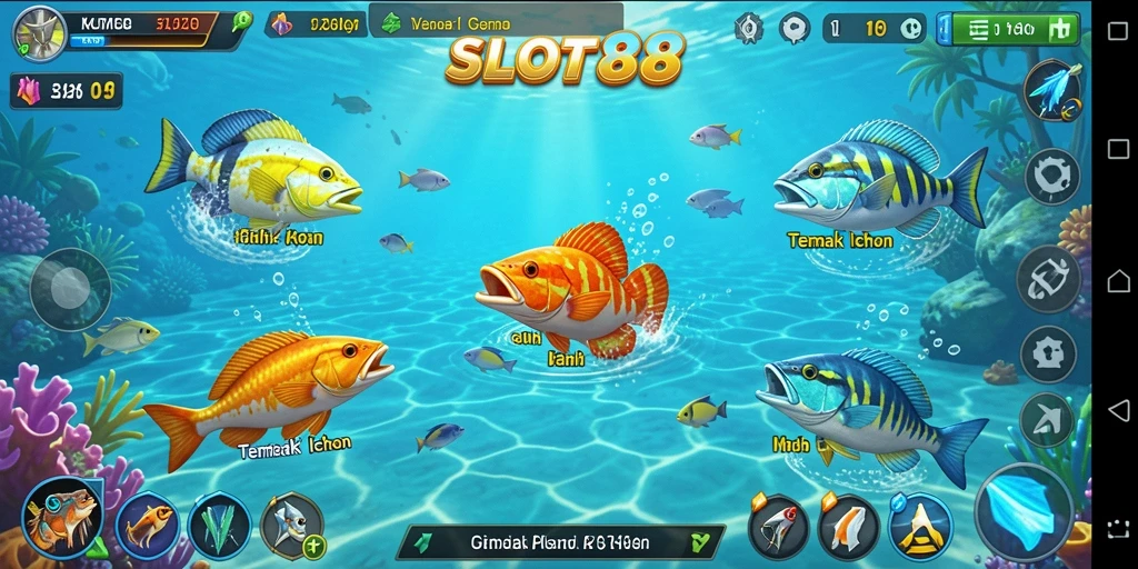 Tangkapan layar gameplay SLOT88 yang menunjukkan aksi menembak ikan.